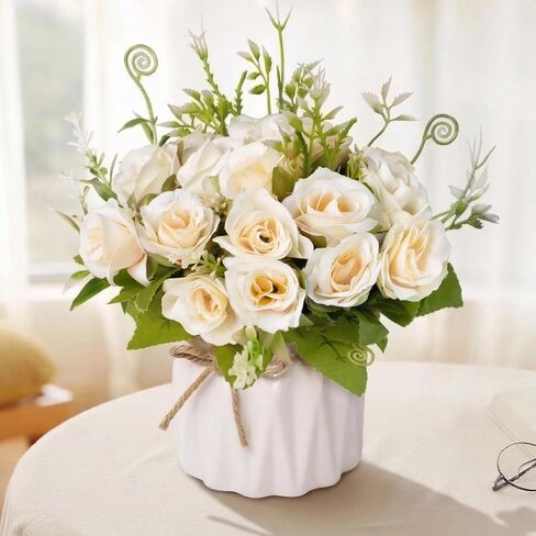 Pink Artificial Roses with Ceramic Vase, No Maintenance Fake Flowers for Table Decor, Realistic Silk Rose Bouquet for Home Office Wedding Gift in Saudi Arabia