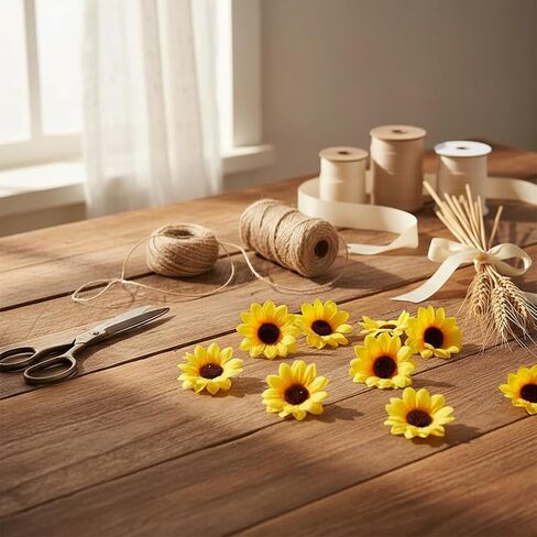 100Pcs Yellow Artificial Flower Heads Mini Fake Sunflower Decorative Fabric Flowers Craft Floral Embellishments for Wreaths Wedding Artificial Flowers in Saudi Arabia