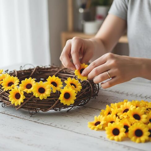100Pcs Yellow Artificial Flower Heads Mini Fake Sunflower Decorative Fabric Flowers Craft Floral Embellishments for Wreaths Wedding Artificial Flowers in Saudi Arabia
