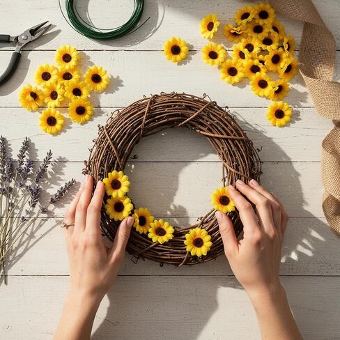 100Pcs Yellow Artificial Flower Heads Mini Fake Sunflower Decorative Fabric Flowers Craft Floral Embellishments for Wreaths Wedding Artificial Flowers in Saudi Arabia