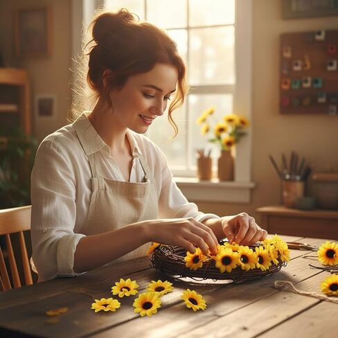 100Pcs Yellow Artificial Flower Heads Mini Fake Sunflower Decorative Fabric Flowers Craft Floral Embellishments for Wreaths Wedding Artificial Flowers in Saudi Arabia