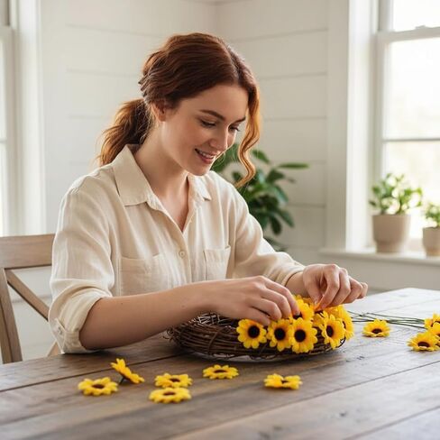 100Pcs Yellow Artificial Flower Heads Mini Fake Sunflower Decorative Fabric Flowers Craft Floral Embellishments for Wreaths Wedding Artificial Flowers in Saudi Arabia