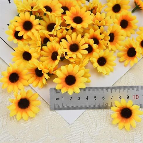 100Pcs Yellow Artificial Flower Heads Mini Fake Sunflower Decorative Fabric Flowers Craft Floral Embellishments for Wreaths Wedding Artificial Flowers in Saudi Arabia