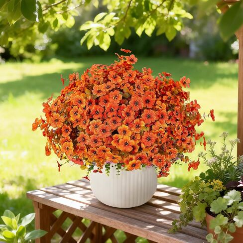 Artificial Flowers for Outdoors, 12 Bundles Fake Daisy Flowers Spring Decor, UV Resistant Faux Flower Daisy with Eucalyptus for Garden Porch Planter Box(Orange) in Kuwait