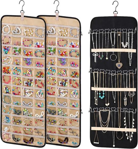 2 Pack Hanging Jewelry Organizer Storage with Hanger and 48 Pockets, Metal Necklace Hooks Double-Sided Jewelry Holder for Earrings, Necklaces, Rings on Closet, Wall, Door, Large, Black in Kuwait