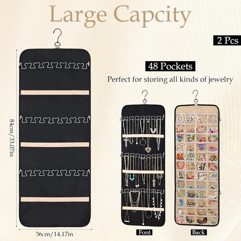 2 Pack Hanging Jewelry Organizer Storage with Hanger and 48 Pockets, Metal Necklace Hooks Double-Sided Jewelry Holder for Earrings, Necklaces, Rings on Closet, Wall, Door, Large, Black in Kuwait