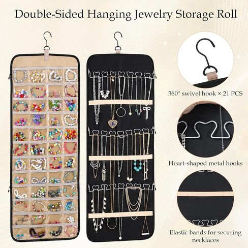 2 Pack Hanging Jewelry Organizer Storage with Hanger and 48 Pockets, Metal Necklace Hooks Double-Sided Jewelry Holder for Earrings, Necklaces, Rings on Closet, Wall, Door, Large, Black in Kuwait