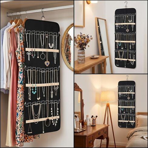 2 Pack Hanging Jewelry Organizer Storage with Hanger and 48 Pockets, Metal Necklace Hooks Double-Sided Jewelry Holder for Earrings, Necklaces, Rings on Closet, Wall, Door, Large, Black in Kuwait