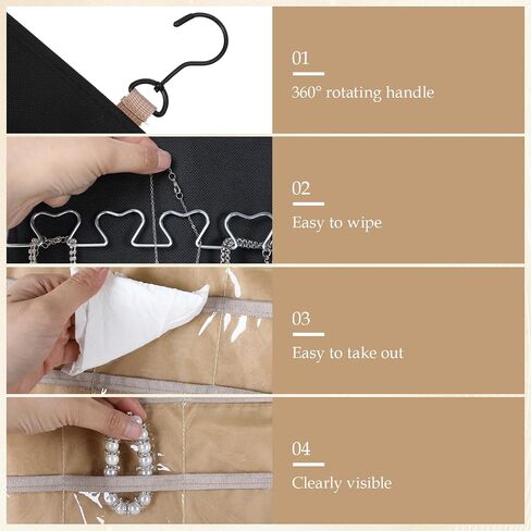 2 Pack Hanging Jewelry Organizer Storage with Hanger and 48 Pockets, Metal Necklace Hooks Double-Sided Jewelry Holder for Earrings, Necklaces, Rings on Closet, Wall, Door, Large, Black in Kuwait