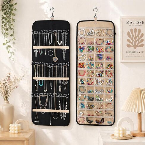 2 Pack Hanging Jewelry Organizer Storage with Hanger and 48 Pockets, Metal Necklace Hooks Double-Sided Jewelry Holder for Earrings, Necklaces, Rings on Closet, Wall, Door, Large, Black in Kuwait