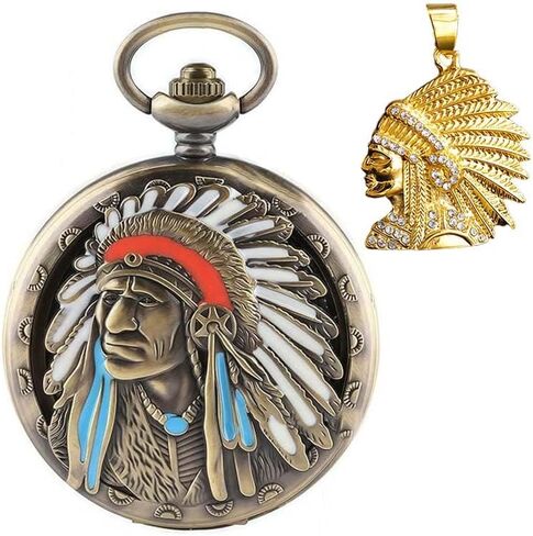 American -Theme Statue of Liberty, Eagle, Native Americans Pocket Watch with 3D 250th Anniversary Handmade Bronze in Saudi Arabia