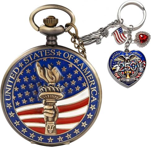 American -Theme Statue of Liberty, Eagle, Native Americans Pocket Watch with 3D 250th Anniversary Handmade Bronze in Saudi Arabia