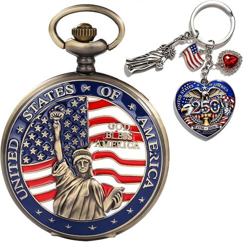American -Theme Statue of Liberty, Eagle, Native Americans Pocket Watch with 3D 250th Anniversary Handmade Bronze in Saudi Arabia