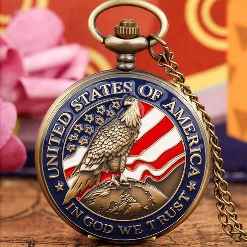 American -Theme Statue of Liberty, Eagle, Native Americans Pocket Watch with 3D 250th Anniversary Handmade Bronze in Saudi Arabia