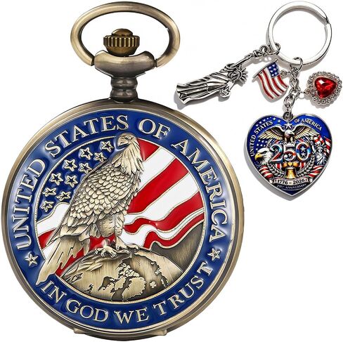American -Theme Statue of Liberty, Eagle, Native Americans Pocket Watch with 3D 250th Anniversary Handmade Bronze in Saudi Arabia