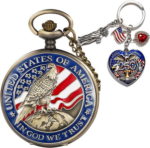 American -Theme Statue of Liberty, Eagle, Native Americans Pocket Watch with 3D 250th Anniversary Handmade Bronze in Saudi Arabia