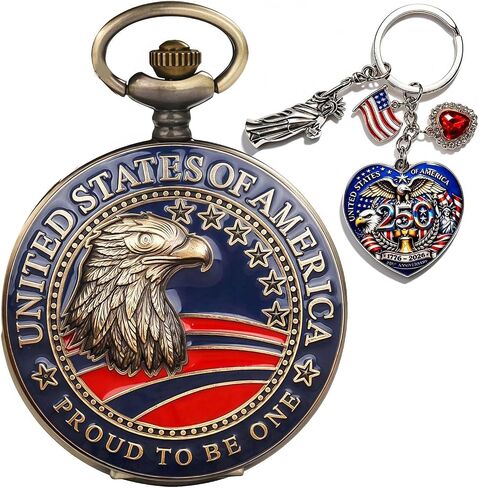 American -Theme Statue of Liberty, Eagle, Native Americans Pocket Watch with 3D 250th Anniversary Handmade Bronze in Saudi Arabia