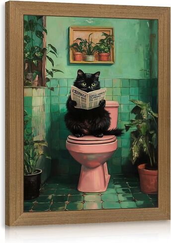 INJOLLY Wood Framed Funny Bathroom Wall Art, Cat Reading Newspaper on Toilet Wall Decor, Cute Black Cat Poster Print, Humor Animal Green Pink Restroom Canvas Painting for Toilet Bathroom 8x10 Inch in Kuwait