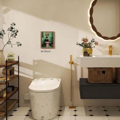 INJOLLY Wood Framed Funny Bathroom Wall Art, Cat Reading Newspaper on Toilet Wall Decor, Cute Black Cat Poster Print, Humor Animal Green Pink Restroom Canvas Painting for Toilet Bathroom 8x10 Inch in Kuwait