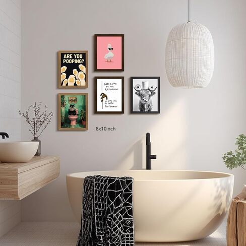 INJOLLY Wood Framed Funny Bathroom Wall Art, Cat Reading Newspaper on Toilet Wall Decor, Cute Black Cat Poster Print, Humor Animal Green Pink Restroom Canvas Painting for Toilet Bathroom 8x10 Inch in Kuwait