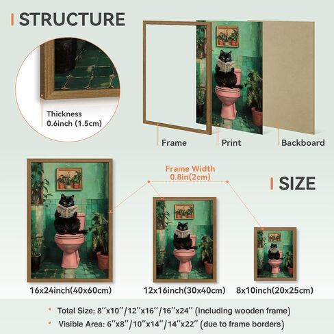 INJOLLY Wood Framed Funny Bathroom Wall Art, Cat Reading Newspaper on Toilet Wall Decor, Cute Black Cat Poster Print, Humor Animal Green Pink Restroom Canvas Painting for Toilet Bathroom 8x10 Inch in Kuwait