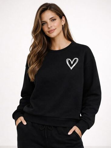 Womens Pullover Top Graphic Crew Neck Long Sleeve Heart Print Loose Fit Cozy for Daily Wear Lounging Valentine Gift in Kuwait