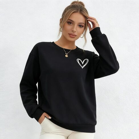 Womens Pullover Top Graphic Crew Neck Long Sleeve Heart Print Loose Fit Cozy for Daily Wear Lounging Valentine Gift in Kuwait