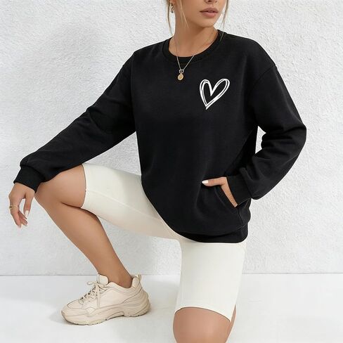 Womens Pullover Top Graphic Crew Neck Long Sleeve Heart Print Loose Fit Cozy for Daily Wear Lounging Valentine Gift in Kuwait