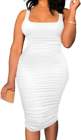 TOPSRANI Women Plus Size Midi Dress Bodycon Oversized Casual Sleeveless Sexy Solid Ruched Summer Tank Club Party Dresses in Saudi Arabia
