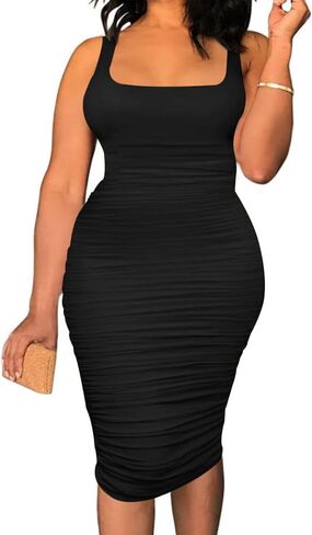 TOPSRANI Women Plus Size Midi Dress Bodycon Oversized Casual Sleeveless Sexy Solid Ruched Summer Tank Club Party Dresses in Saudi Arabia