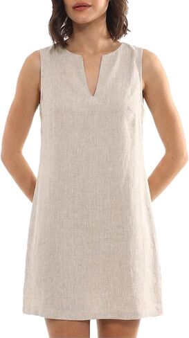 Amazhiyu Women's 100% Linen Summer Sleeveless V Neck Mini Tank Dresses Casual in Kuwait