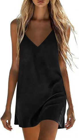 SHOPESSA Linen Mini Dress Summer V Neck Spaghetti Strap Sleeveless Cotton Dresses Casual Flowy Beach Vacation Lounge Dress in Saudi Arabia