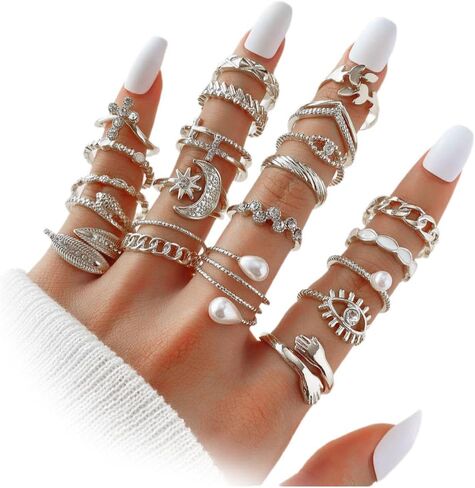 23Pcs Gold Statckable Layered Knuckle Rings for Women,Hug Moon Star Crystal Evil Eyes Chain Finger Rings,Chunky Vintage Jewelry Mixed Ring Size in Saudi Arabia