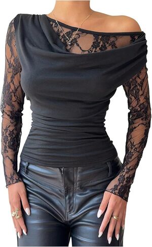 Floerns Women's Elegant Off The Shoulder Tops Floral Lace Long Sleeve Ruched Night Out T Shirts in Kuwait