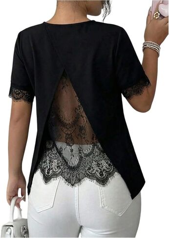 Verdusa Women's Lace Tops Going Out Dressy T Shirts Elegant Short Sleeve Top Summer Outfits in Kuwait