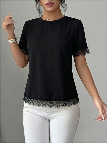 Verdusa Women's Lace Tops Going Out Dressy T Shirts Elegant Short Sleeve Top Summer Outfits in Kuwait