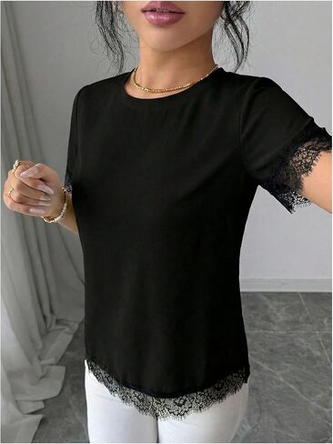 Verdusa Women's Lace Tops Going Out Dressy T Shirts Elegant Short Sleeve Top Summer Outfits in Kuwait