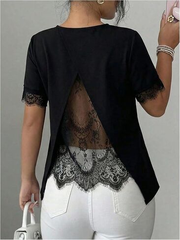 Verdusa Women's Lace Tops Going Out Dressy T Shirts Elegant Short Sleeve Top Summer Outfits in Kuwait