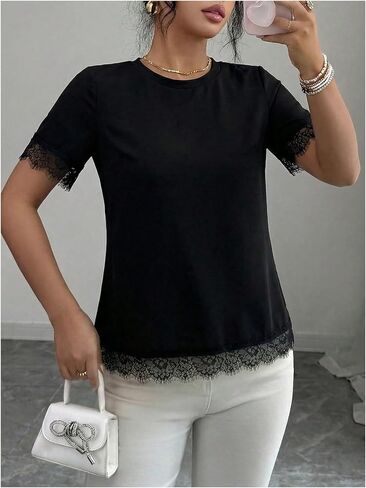 Verdusa Women's Lace Tops Going Out Dressy T Shirts Elegant Short Sleeve Top Summer Outfits in Kuwait