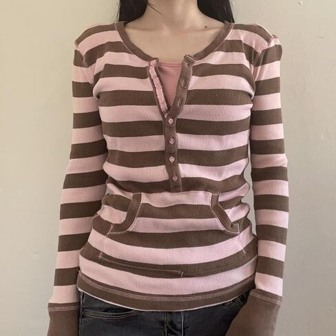 Vintage Grunge Y2k Fake Two Piece Striped Polka Dot Top Long Sleeve Shirts 2000s Fairy Core Clothes Cute Tops in Saudi Arabia