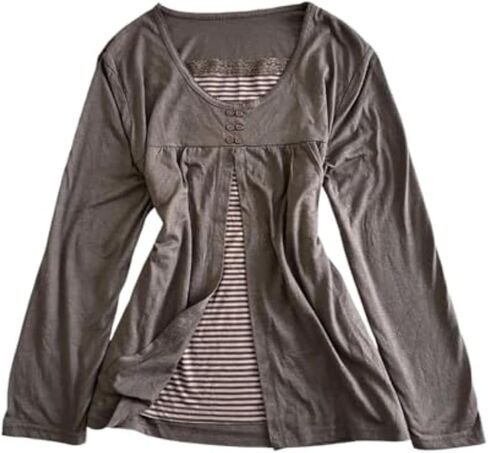 Vintage Grunge Y2k Fake Two Piece Striped Polka Dot Top Long Sleeve Shirts 2000s Fairy Core Clothes Cute Tops in Saudi Arabia