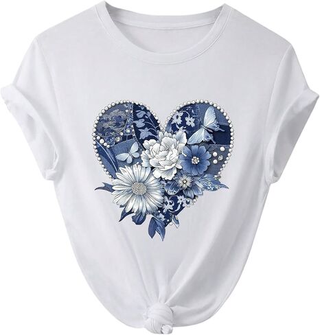 Verdusa Women's Denim Heart Graphic Tees Short Sleeve T Shirts Cute Summer Casual Tops in Kuwait