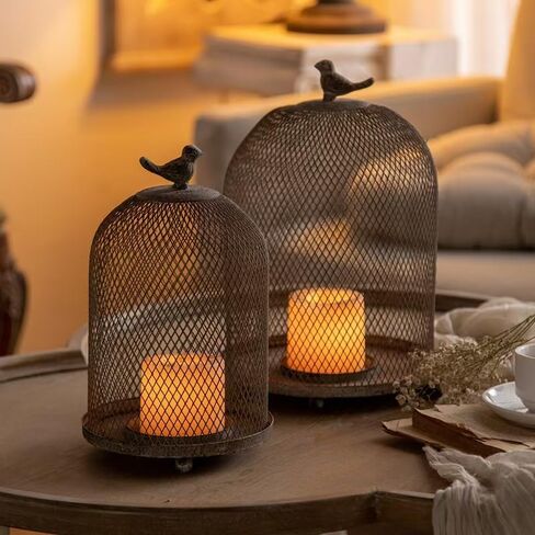 Birdcage Candle Holder Antique Metal Bird Cages Decor, Vintage Lantern Centerpiece for Wedding Home Table Decorative, Iron Candleholder Set of 2 (12.9" & 10.7") in Saudi Arabia