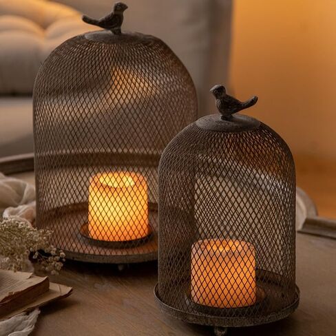 Birdcage Candle Holder Antique Metal Bird Cages Decor, Vintage Lantern Centerpiece for Wedding Home Table Decorative, Iron Candleholder Set of 2 (12.9" & 10.7") in Saudi Arabia