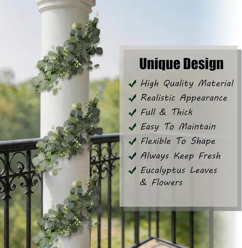 Delphinus 2 Pack Artificial Eucalyptus Garland | Fake Eucalyptus Leaves Vines, For Table Wedding Party, Indoor Outdoor Use, Arch Wall Mantle Room Decoration in Saudi Arabia