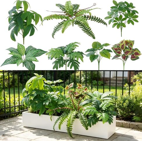 Laelfe Large Artificial Plants Outdoor, 7 Pcs | UV Resistant, Faux Boston Fern Monstera Money Tree, Weatherproof Fake Plastic Shrubs, For Front Porch Garden Patio Planters in Saudi Arabia