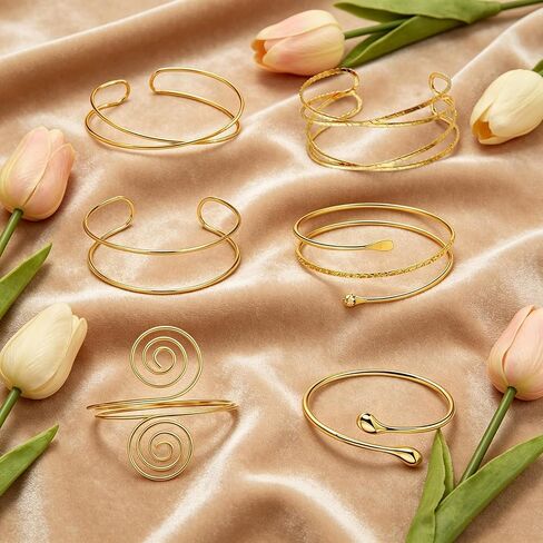 6 Pcs Gold Arm Cuff Jewelry for Women - Adjustable Upper Arm Bracelet Set - Minimalist Metal Armband Bangle - Renaissance Egyptian Accessories for Parties and Daily Wear in Kuwait