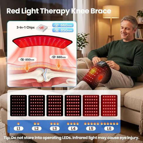 Knee Massager with Heat and Red Light Therapy, 5000mAh Heated Knee Brace with 6 Light Levels&6 Vibration, 660&850nm Red Light Therapy Device, Removable Washable Knee Brace, Gifts for Seniors(Single) in Saudi Arabia