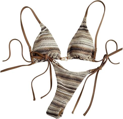 Floerns Women's Crochet Bikini Sets 2 Piece Striped Triangle Halter Swimsuit Tie Side Bathing Suit in Kuwait