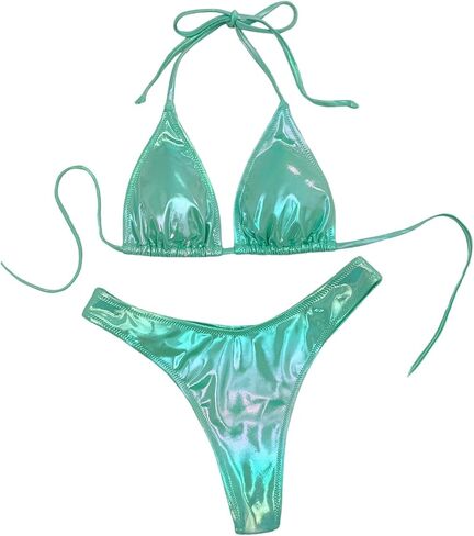 WDIRARA Women's Metallic 2 Piece Swimsuit Halter Triangle Thong Bikini Set Tie Back Bathing Suit in Kuwait